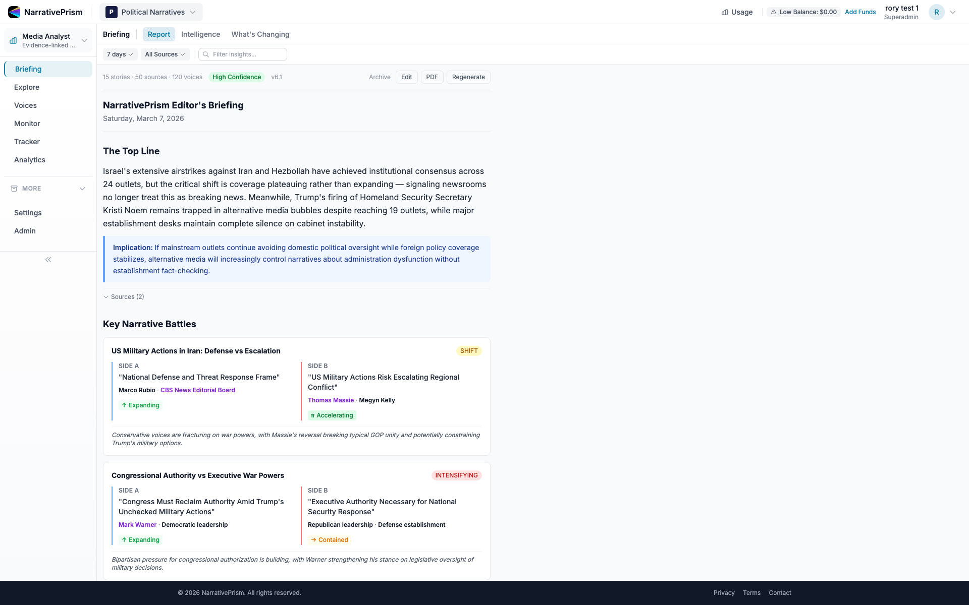 NarrativePrism Intelligence Brief - Product Screenshot